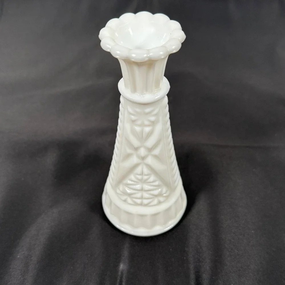 Milk Glass Bud Vase 6in White Embossed Star Ribbed Scalloped